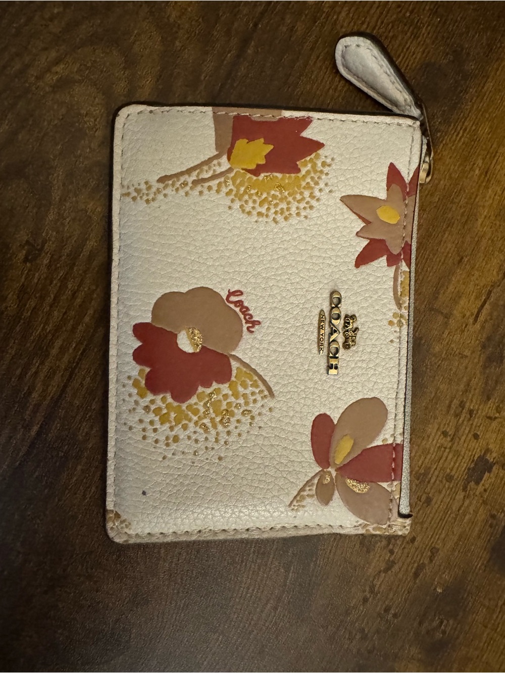 Coach Cream Floral Zip Card Case with Pink, Tan & Yellow Accents